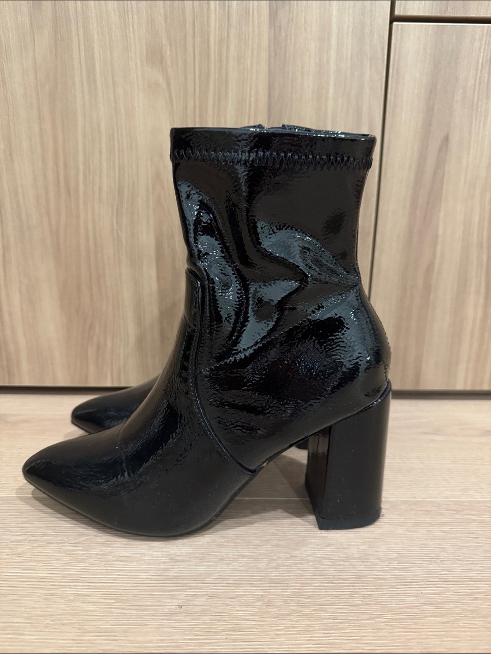 Public Desire Black Patent Block Heel Ankle Boots